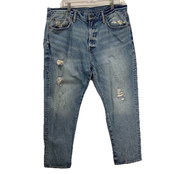American Eagle Jeans Mens 36x30 Slim Straight Leg Medium Blue Denim Distressed - Picture 1 of 9